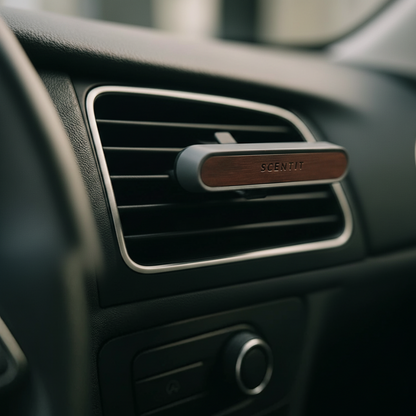 Car air vent with a wooden diffuser labeled 'SCENTIL' on a blurred car interior background.
